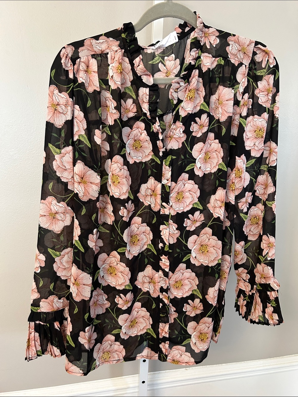 First Love Black Blouse with Pink Floral Print and Tie Neck